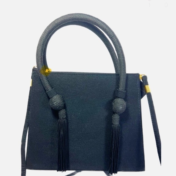 Handbags - Vintage Small Structured Black Evening Prom Bag with Tassels Gold Toned …